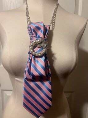 Pink and Blue Striped Satin Statement Tie Necklace with Pearl Brooch
